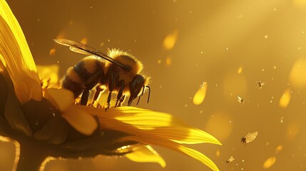 Fototapeta premium Bumblebee Resting on Sunflower Petal with Golden Light, Capturing the Beauty of Nature's Pollinators Amidst a Warm Spring Scene