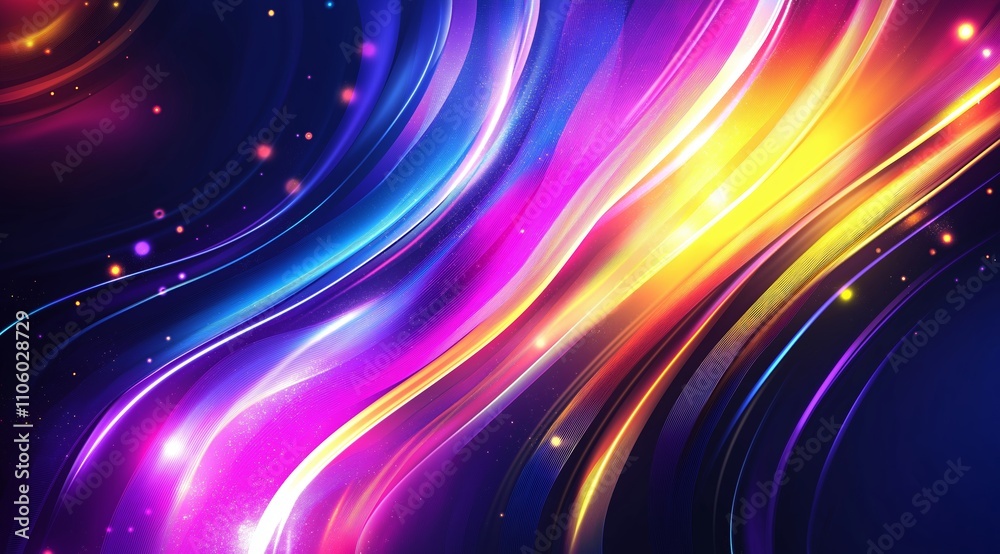 Poster abstract tech background in the form of colorful waves, consisting of a large number of digital conn