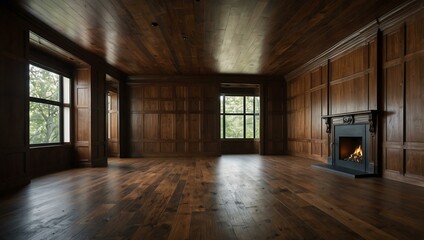 Fototapeta premium Expansive empty room with rich wooden panels, creating a cozy vibe.