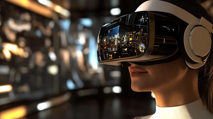 Woman Experiencing Immersive Virtual Reality Cityscape