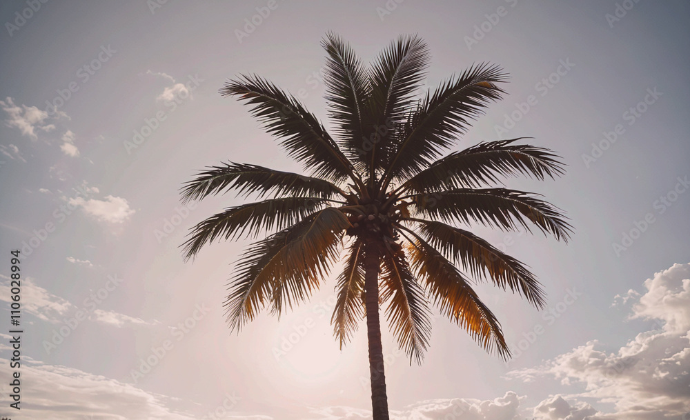 Poster Palm tree is standing in the middle of a cloudy sky. The tree is tall and has a lot of leaves