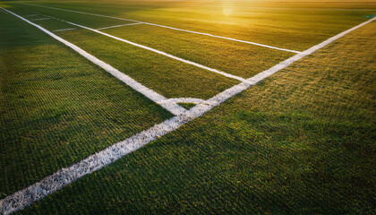 Obraz premium A close-up view of a worn football field, showcasing realistic grass texture and markings, highlighting the wear and tear of outdoor play in a vibrant green setting.