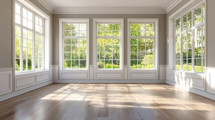 Fototapeta premium A bright and airy empty bedroom with large windows, showcasing natural light flooding the room