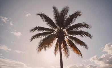 Palm tree is standing in the middle of a cloudy sky. The tree is tall and has a lot of leaves