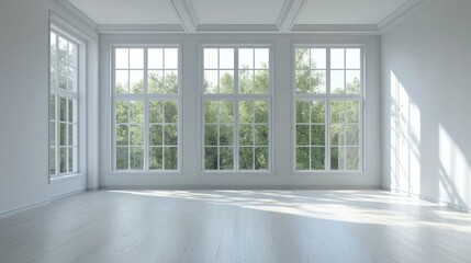 Obraz premium A bright and airy empty bedroom with large windows, showcasing natural light flooding the room