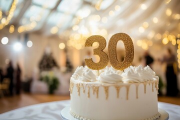 30th birthday cake adorned with gold accents. Birthday party. Blurred light festive background. Golden balloons. Thirty years or thirtieth anniversary. Celebration cake with golden candles. Numbers 30