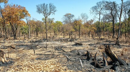Devastated Forest Landscape After Wildfire: Charred Tree Trunks and Scorched Earth Under Blue Sky Capturing the Impact of Fire on Nature's Beauty