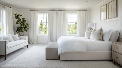 Fototapeta premium A bright and airy white bedroom featuring soft textures, elegant furnishings, and natural light