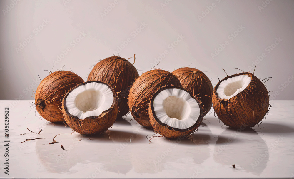 Aufkleber Bunch of coconuts with one of them cut open. The coconuts are all different sizes and are arranged in a row
