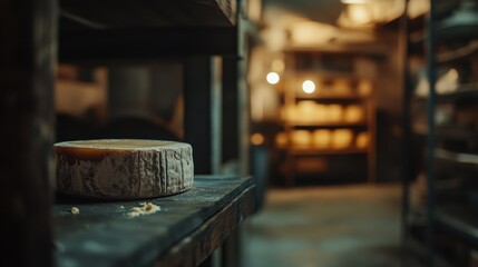 Aged Cheese Wheel in Rustic Cellar, Dairy Aging Process
