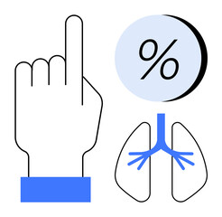 Hand pointing upward with a percentage symbol and simplified human lungs illustration. Ideal for healthcare, medical research, respiratory health, statistics, education, public awareness, and health