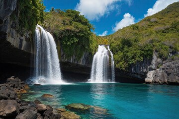 Fototapeta premium Caribbean Pirate Treasure Hidden Under Waterfalls Awaiting Discovery