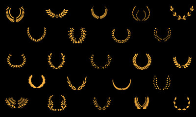 Golden and black laurel silhoutte wreath vector. Trophy, award, champion, competition concept badge, golden branch with leaves. Black circular foliate laurels with stars icon vector