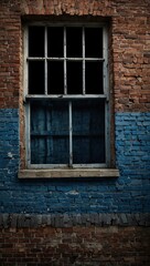 Obraz premium Exploring a historic blue brick wall window in an urban setting.
