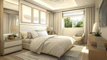 A bright small bedroom with light colors and mirrors, creating an illusion of a larger space