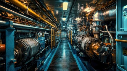 A shipâ€™s engine room filled with complex machinery, pumping power to propel the vessel through the ocean
