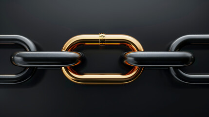 Obraz premium A golden link connects two black chain segments, symbolizing strength, connection, leadership, power.