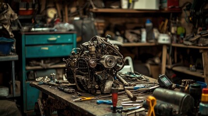 A close-up of a car engine being repaired by a mechanic, with tools scattered around in a garage
