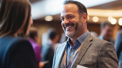 Fototapeta premium A candid business portrait of a man networking at an event, capturing his engaging personality