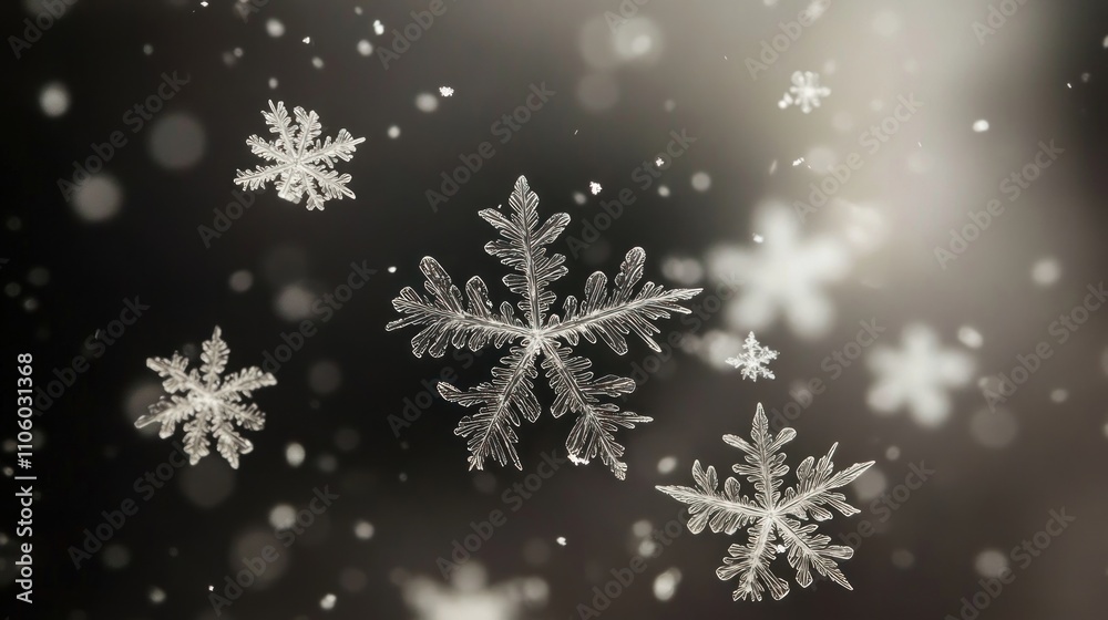 Poster Intricate Snowflakes Falling Against A Dark Background