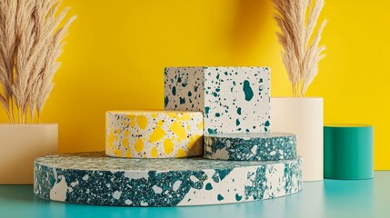 A terrazzo podium with soft abstract forms in bright yellow and muted teal 