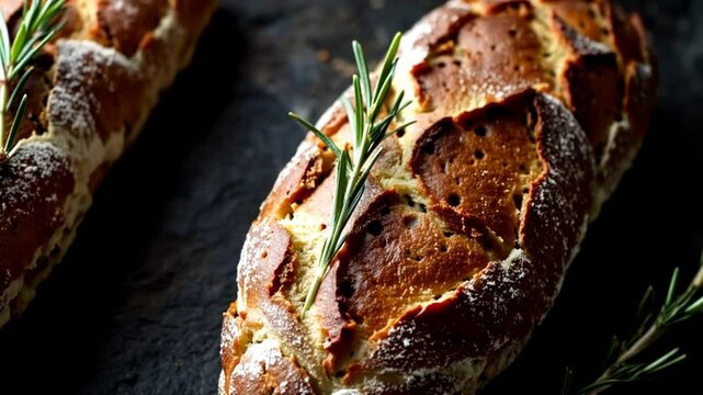Artisan bread loaves with rosemary on a dark stone surface, broa bread