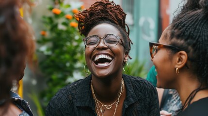 A candid portrait of a black woman laughing with friends, highlighting joy and connection