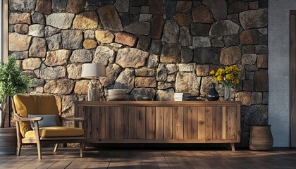 Wooden Cabinet Against Stone Wall in Rustic Room