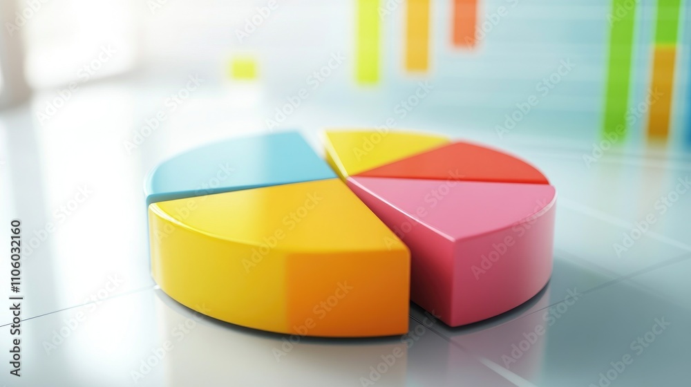 Poster a vibrant 3d pie chart with floating colorful segments, each representing different data points, set