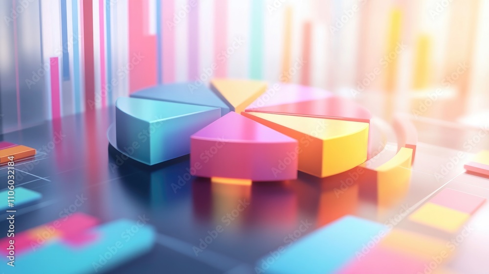 Poster a vibrant 3d pie chart with floating colorful segments, each representing different data points, set