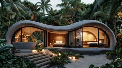 Stunning luxury villa nestled in the heart of a lush tropical paradise offering unparalleled views of the breathtaking coastline and mesmerizing sunset