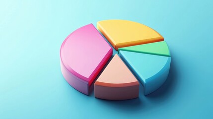 Obraz premium A vibrant 3D pie chart with floating colorful segments, each representing different data points, set against a clean, futuristic background with soft shadows.
