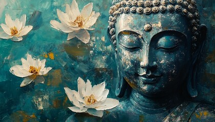 Beautiful Oil Painting of Buddha Statue with Lotus Flowers Water Reflection