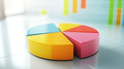 Obraz premium A vibrant 3D pie chart with floating colorful segments, each representing different data points, set against a clean, futuristic background with soft shadows.