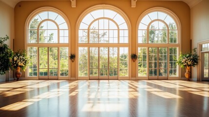 Fototapeta premium Sunlit Ballroom with Arched Windows, Elegant Decor, and Floral Arrangements