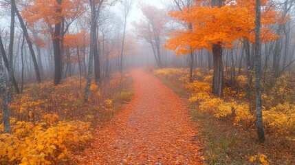 Fototapeta premium A serene path through a foggy forest adorned with vibrant autumn leaves.