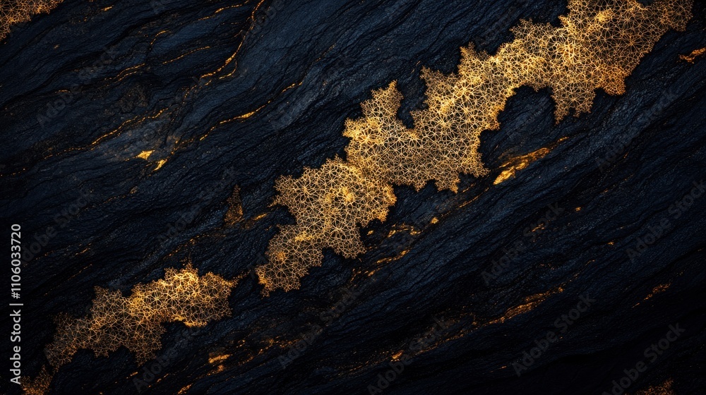 Poster golden fractal pattern on dark stone surface