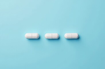 White capsules arranged neatly on a light blue background. Minimal medical concept. Pharmaceutical Flat lay, top view, copy space