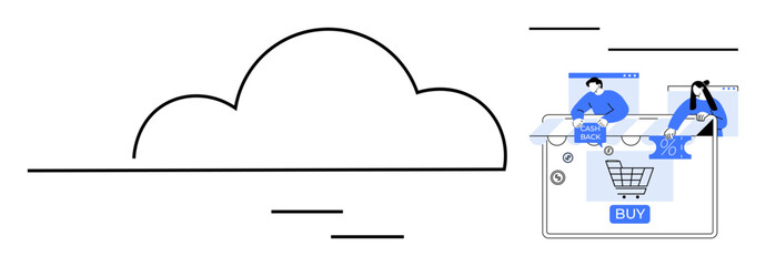 Cloud symbolizes cloud computing. People interacting with smartphone, shopping cart, and message icon. Ideal for online shopping, e-commerce, customer service, digital payments, cloud storage IT
