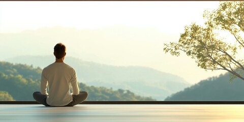 A serene moment of meditation with a stunning mountain view in the background.