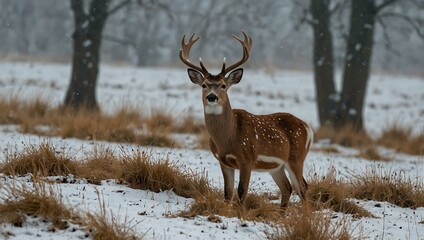 Fototapeta premium Fallow deer in the snowy dunes of the Netherlands.