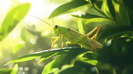 Fototapeta premium A vibrant grasshopper sitting on a fresh, green leaf, its detailed body and long legs in sharp focus against the blurred background of the foliage.