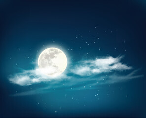 Night sky background with white clouds with stars and  moon