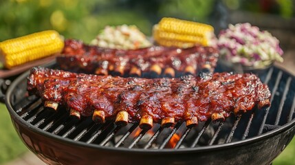 A vibrant outdoor barbecue scene featuring juicy pork ribs sizzling on the grill, surrounded by colorful side dishes like coleslaw and corn on the cob.