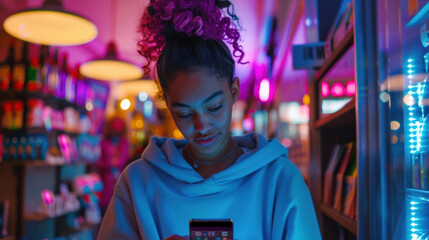A cheerful young American woman is shopping online on her smartphone, paying with a credit card, cashless, and via an e-banking app.