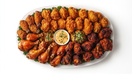 A vibrant overhead view of a platter filled with assorted fried chicken pieces, including wings, thighs, and drumsticks, elegantly arranged on a white background for an appetizing presentation