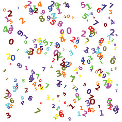 Randomly colored numbers from zero to nine arranged randomly on a white background ideal as a concept of mathematics