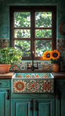 Lovely rustic kitchen sink surrounded by vivid hand painted floral tile accents picture