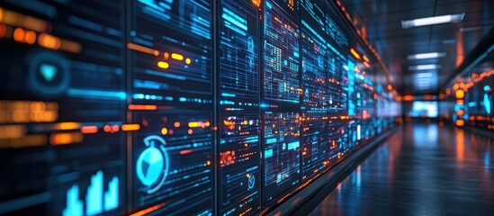 A futuristic hallway lined with glowing digital screens displaying data and code.