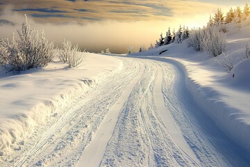 Obraz premium Snow-covered road curving through winter landscape